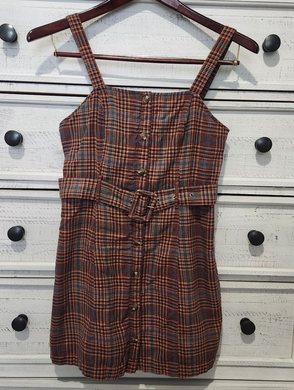 American Eagle Outfitters Rust Plaid Belted Sleeveless Mini Dress